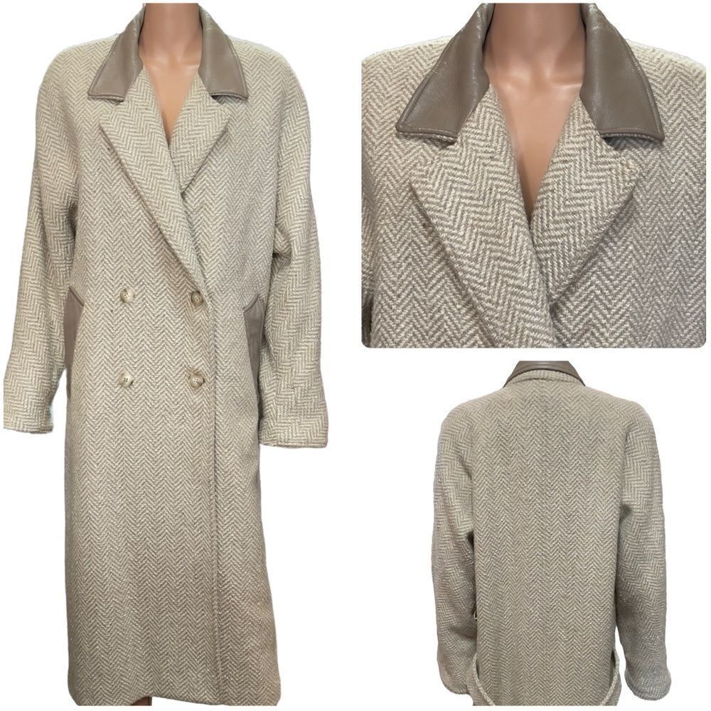 London Fog Tempo Europa Vintage Pure Wool Leather Collar Trench Coat Size 12